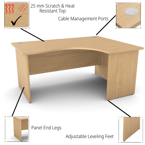 Radial Right Hand Corner Office Desk - Panel End - W1600xD1200xH725mm - Beech Additional Image 2